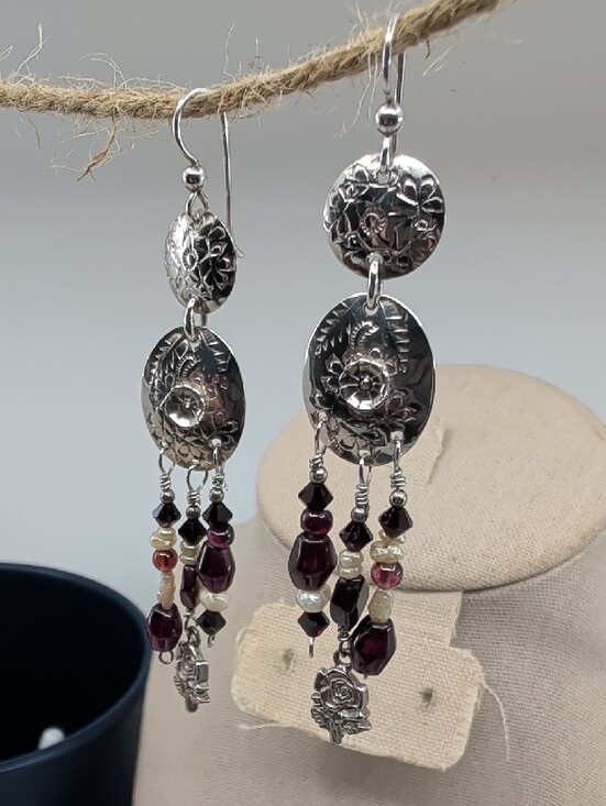 Vintage Jewelry - Vintage 925 Sterling Silver Floral Repoussé Chandelier Earrings 3"